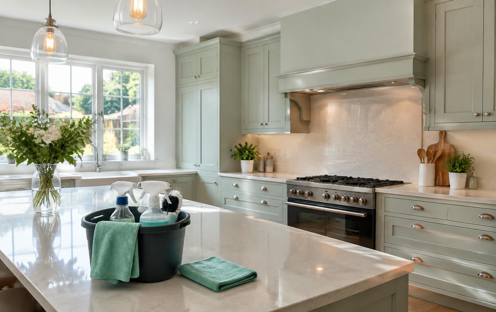 Freshly cleaned renovated kitchen with sage cabinets and a cleaning caddy