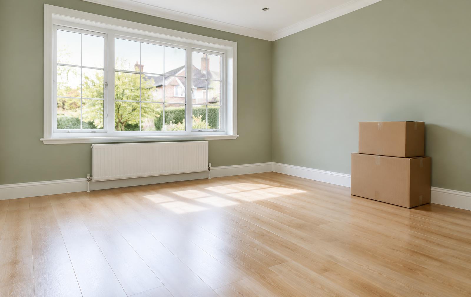 Freshly cleaned empty room with oak flooring and packed moving boxes