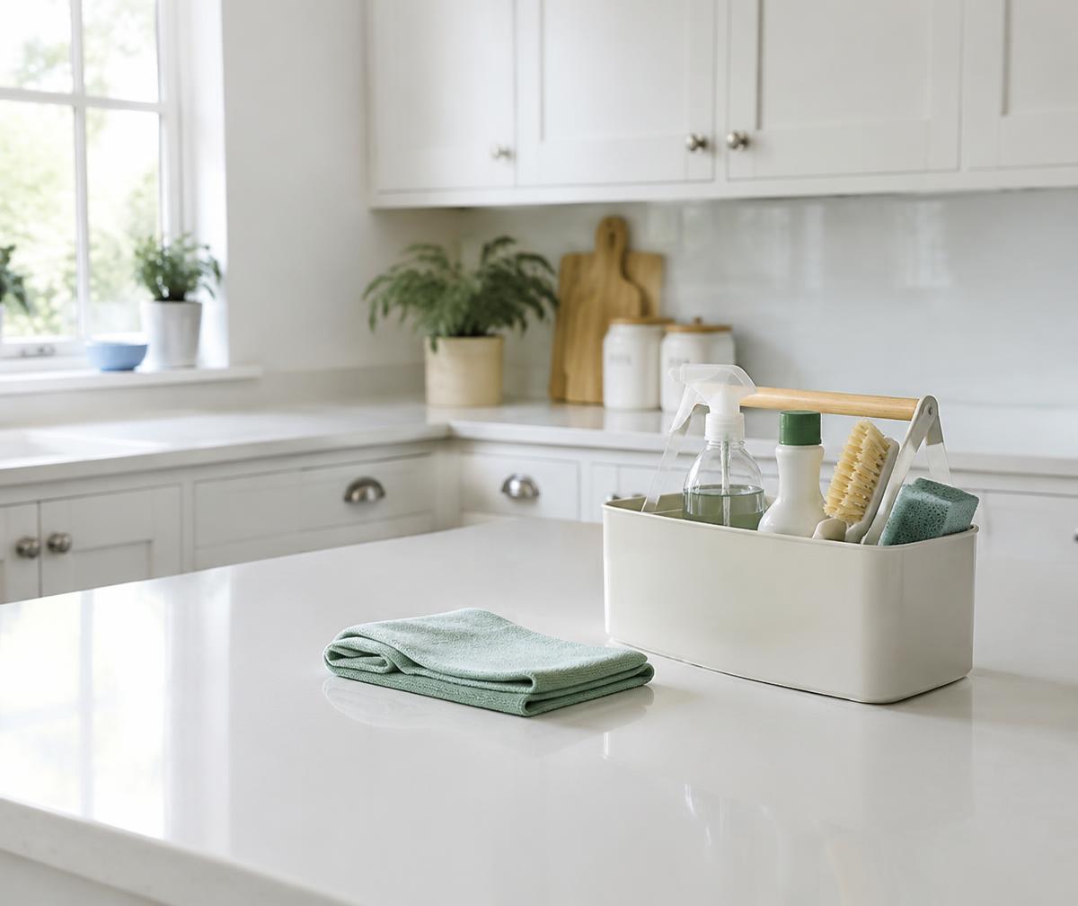 Spotless white kitchen worktop with a mint cloth and cleaning caddy